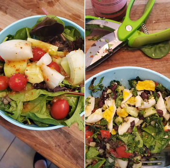 Two images side by side; the left shows a salad with mixed greens, cherry tomatoes, and chunks of cheese; the right shows a salad with finely chopped vegetables and dressing.