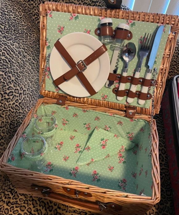 A reviewer’s open picnic basket showcasing the contents inside.