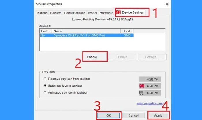 Chọn Device Settings và Enable để kích hoạt chuột