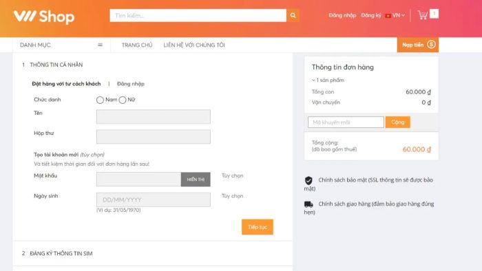 Hướng dẫn mua SIM đầu số 052 online. Bước 4: Thanh toán và hoàn tất đơn hàng.