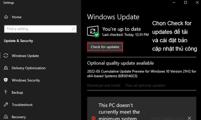 Nhấn vào nút Check for update