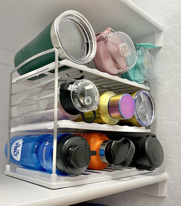 Reviewer image showing a collection of neatly arranged water bottles