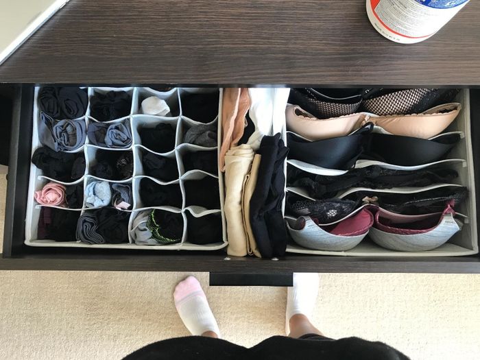 A reviewer’s photo showcasing an underwear and sock organizer in their dresser drawer