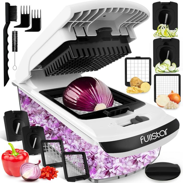 Fullstar Vegetable Chopper with multiple attachments, displaying neatly sliced onions, peppers, and potatoes