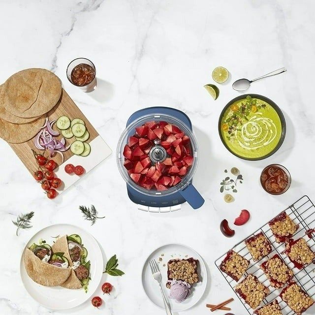 An overhead shot of the blue Cuisinart food processor
