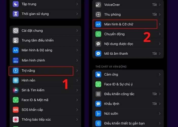 Chọn mục màn hình và cỡ chữ