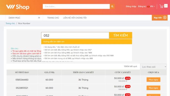 Hướng dẫn mua SIM đầu số 052 online. Bước 2: Tìm đầu số 052.