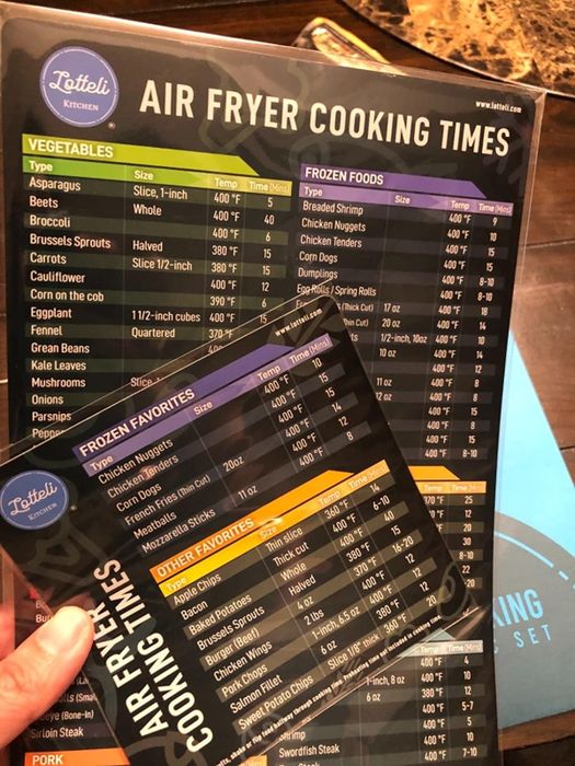 Reviewer holding the cheat sheet, which includes cooking times for foods like chicken nuggets, french fries, apple chips, bacon, vegetables, and more