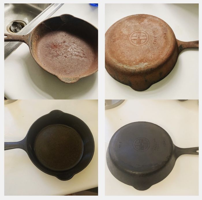 Reviewer images showcasing a cast-iron skillet that has been fully restored and looks brand new after using the chainmail scrubber.