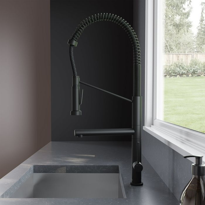 The sleek black pull-down kitchen faucet