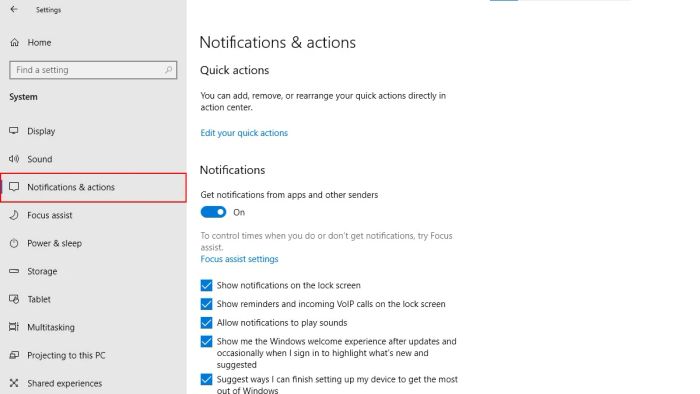 Chọn Notifications & actions