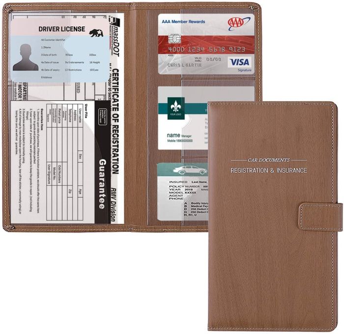 A sleek, clutch-shaped card holder with pockets for insurance cards, license, and registration