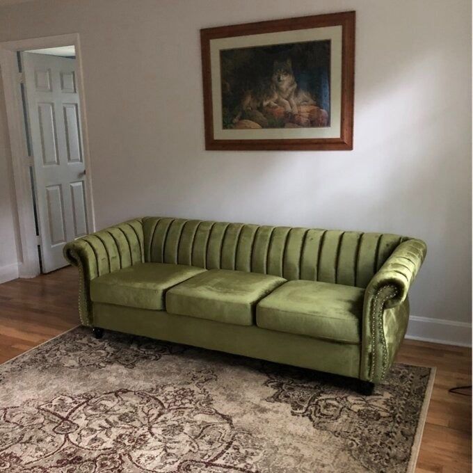 a customer photo of the light green sofa