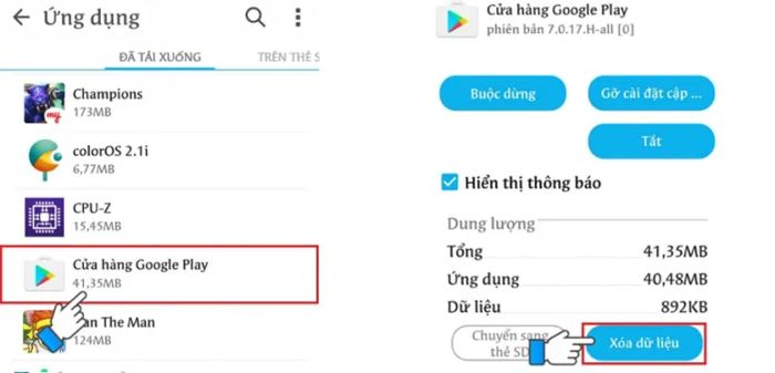 Cách khắc phục lỗi CH Play không vào được bằng việc Xóa dữ liệu của CH Play.