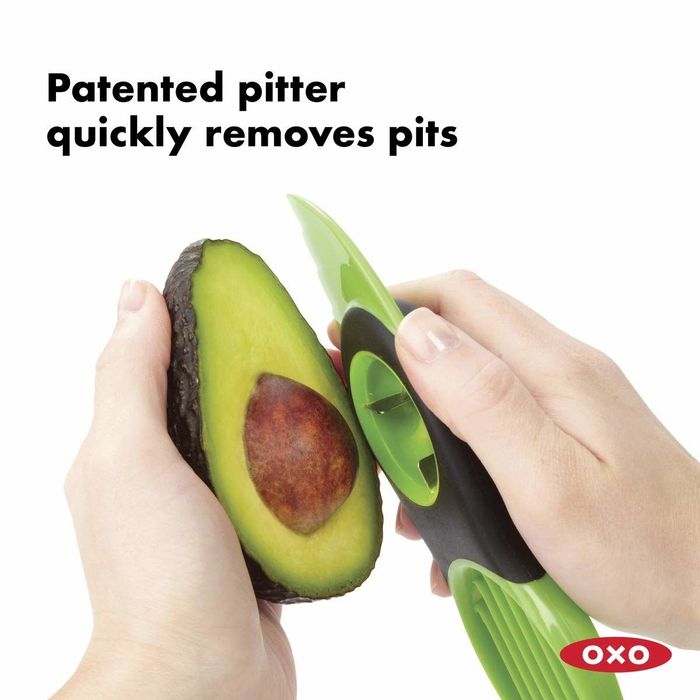 The tool displaying the text, 'patented pitter quickly removes pits.'