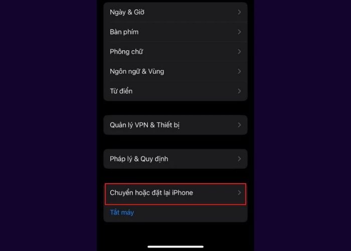 chọn chuyển hoặc đặt lại iphone