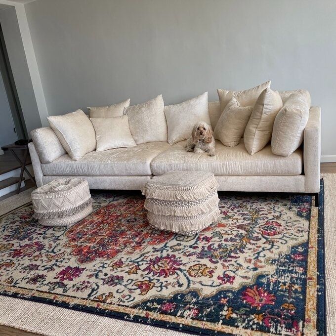 a customer photo of the ivory sofa featuring a small dog lounging on it