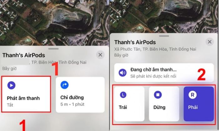 Nhấn vào mục Phát âm thanh và chọn trái hoặc phải. Khi tìm thấy, nhấn Dừng