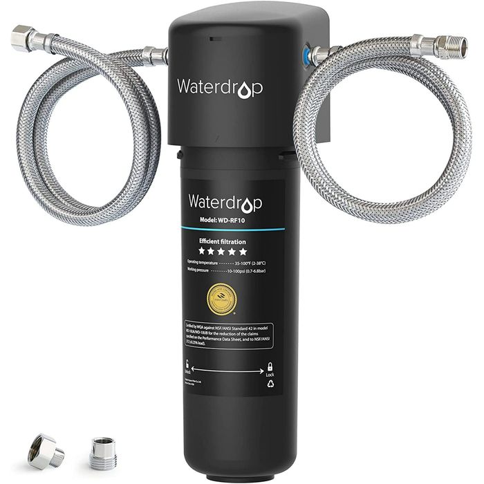 An under-sink water filter against a white background.
