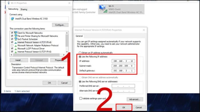 Chỉnh sửa các thông số IP address, Subnet mask, Default gateway.