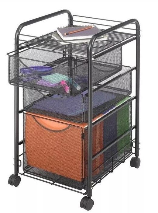A mesh cart filled with an assortment of items inside, neatly organized for easy access.