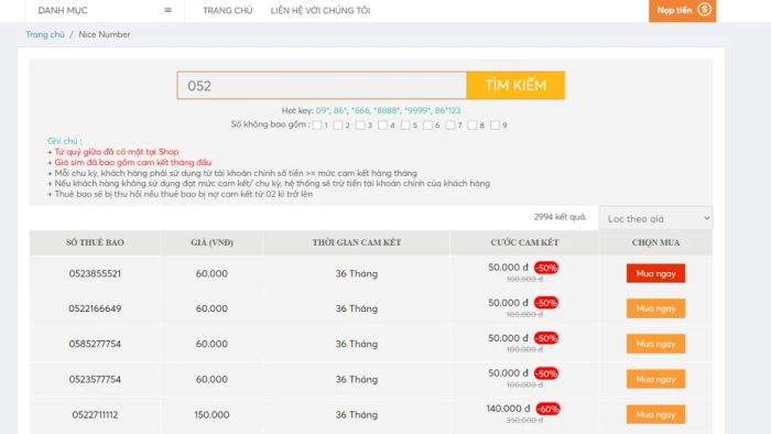 Hướng dẫn mua SIM đầu số 052 online. Bước 3: Lựa chọn SIM để mua.