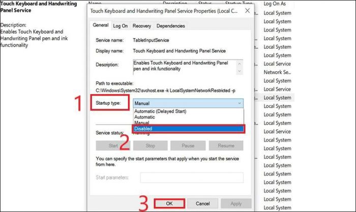 Thiết lập Disable tại Startup type