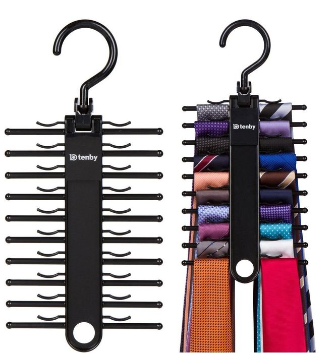 Product shot of a coat hanger tie organizer with slots and clips to securely hold ties in place, shown both empty and filled with ties