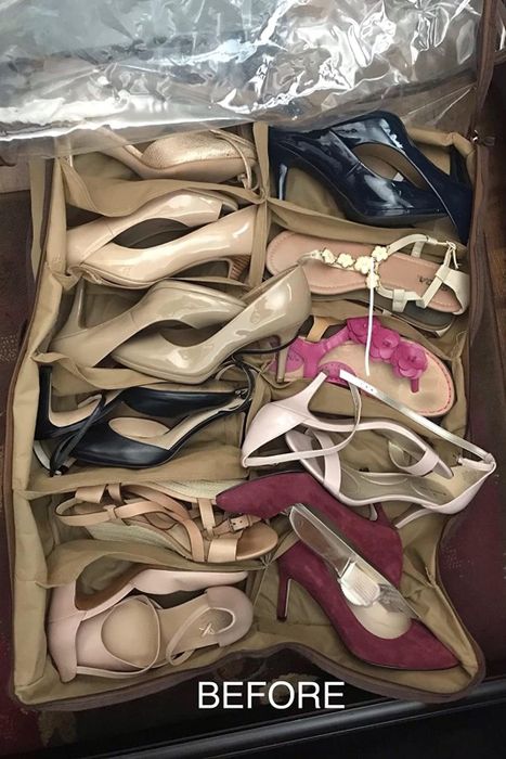 a reviewer's photo of shoes haphazardly placed in a crumpled under-bed organizer
