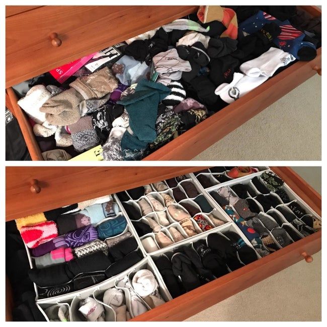 a reviewer's before-and-after image of a drawer transformed by the organizers