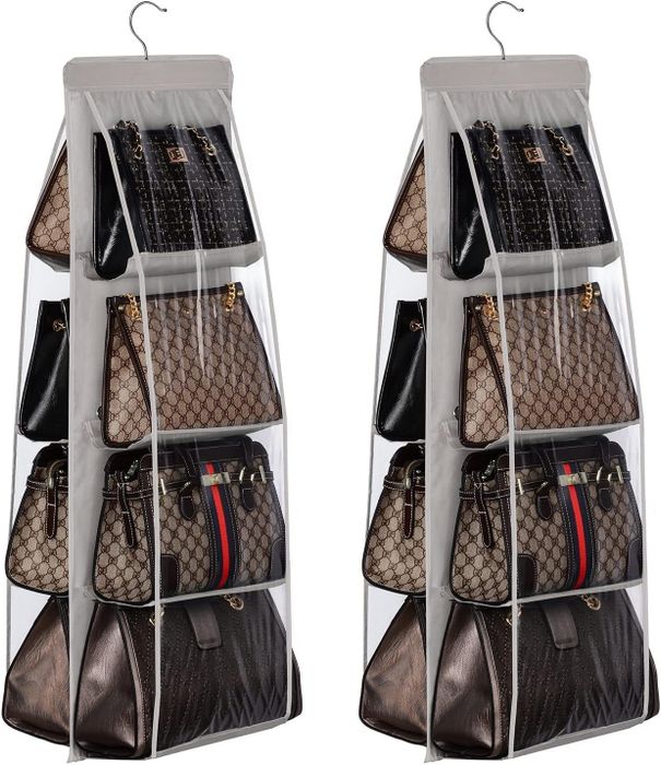 Two hanging closet organizers, each storing six designer handbags with a variety of patterns and textures, offering a stylish and efficient storage solution.