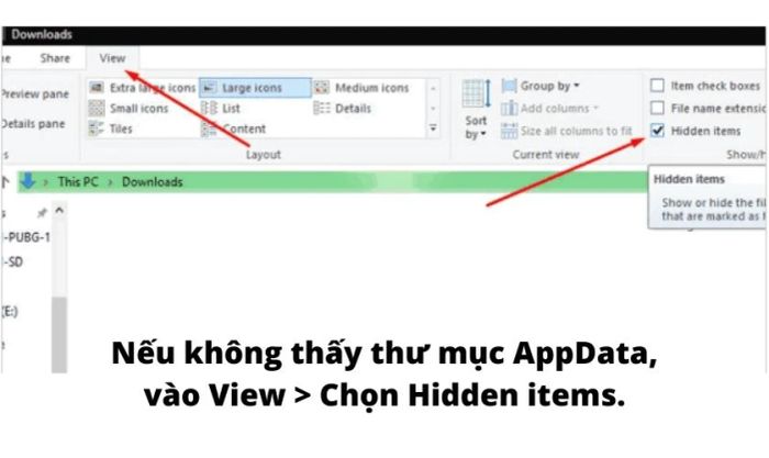 Tích chọn vào Hidden items