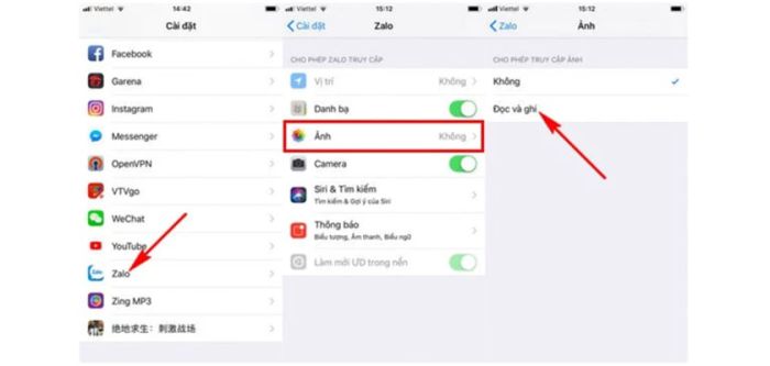 Kích hoạt lại quyền truy cập ảnh và SMS trong Zalo trên thiết bị của bạn.