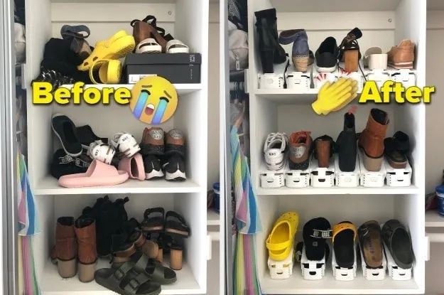 A comparison photo showing a before and after of a neatly organized shoe collection.