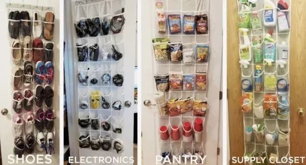 Four side-by-side images of the hanging organizer: the far left filled with shoes, the middle left with electronics, the middle right with pantry goods, and the far right with cleaning supplies.