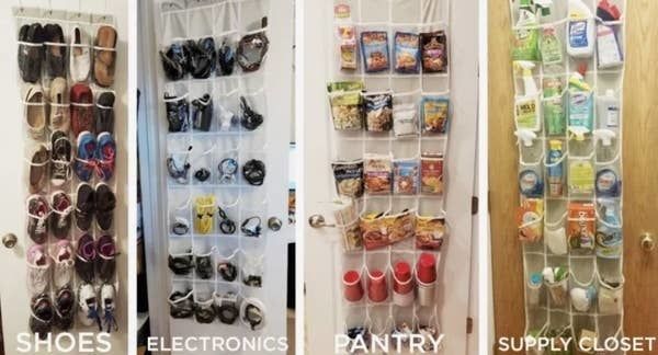 Four images displayed side by side showing the hanging sleeve in use: the far left filled with shoes, the middle left with electronics, the middle right with pantry items, and the far right with cleaning supplies