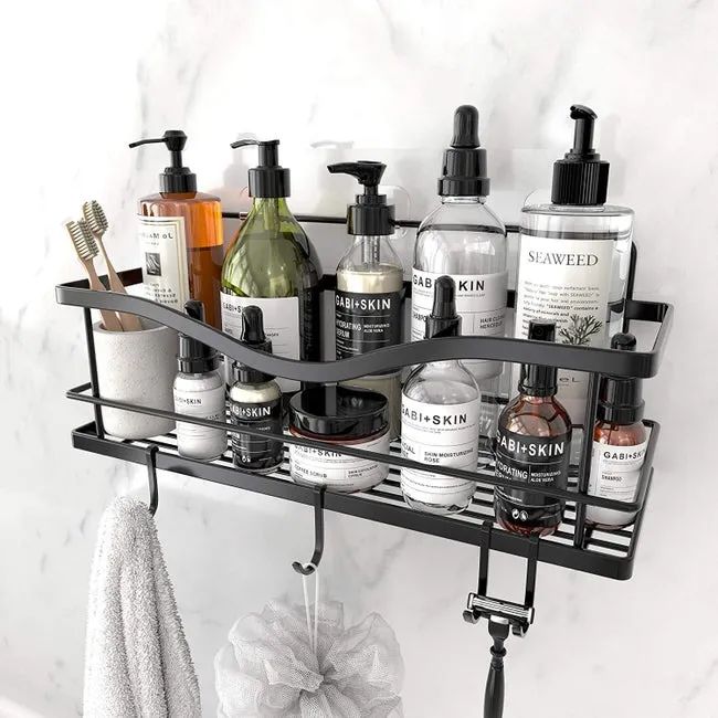 A sleek stainless steel shower basket with attached hooks for easy storage.