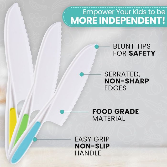 An advertisement showcasing a child-safe knife set featuring blunt tips and ergonomic, non-slip handles