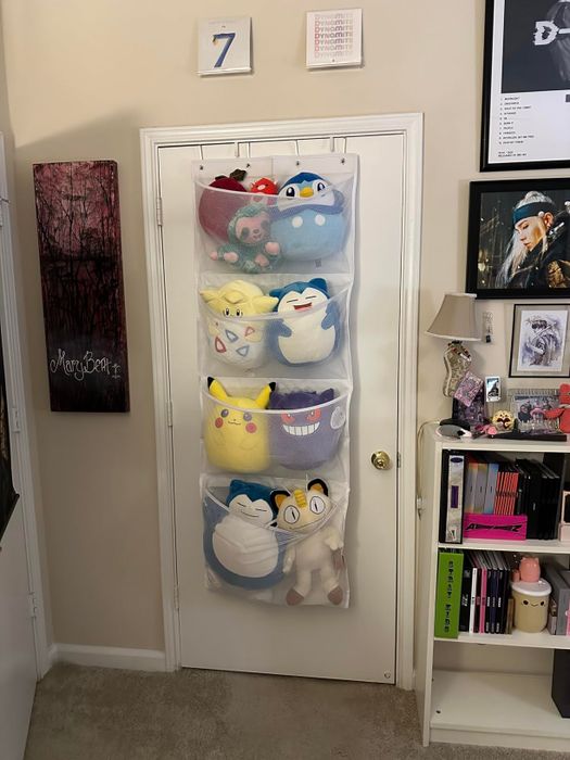 A door-mounted organizer holding various plush toys from popular media franchises.