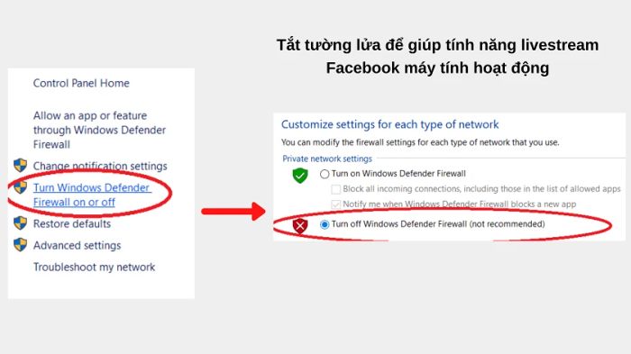 Tắt tường lửa khi Facebook không thể phát trực tiếp