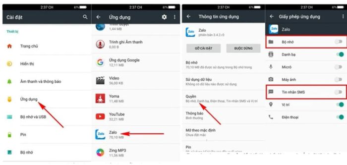 Kích hoạt lại quyền truy cập ảnh, SMS trên Zalo của thiết bị