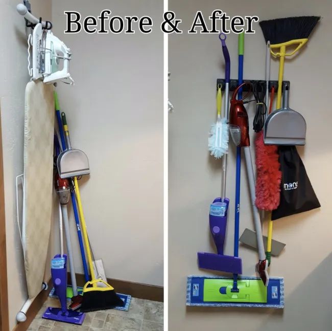 A cluttered corner of cleaning supplies transformed into an organized and neatly hung display on the wall-mounted rack