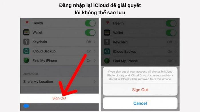 Đăng nhập lại iCloud để khắc phục lỗi