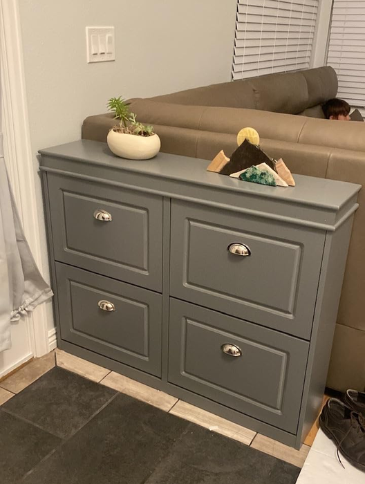 a reviewer's photo of the four-drawer gray cabinet