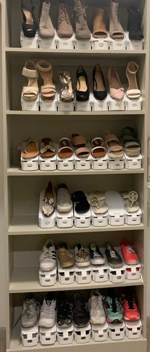 a reviewer photo of a closet showcasing shoes neatly organized using the stackers