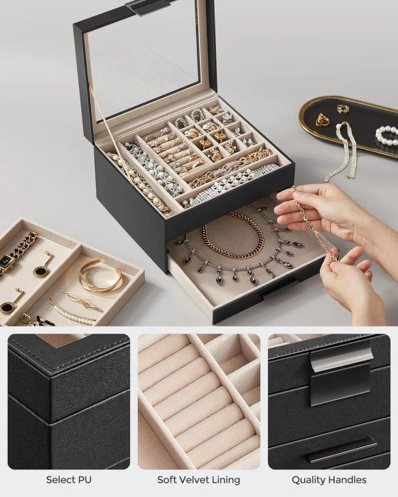 A jewelry box with multiple compartments for organizing different pieces, shown with hands placing a necklace. Close-up images highlight features such as soft velvet lining and quality handles.