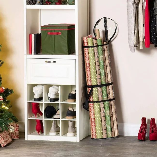 The wrapping paper holder standing upright against a cabinet