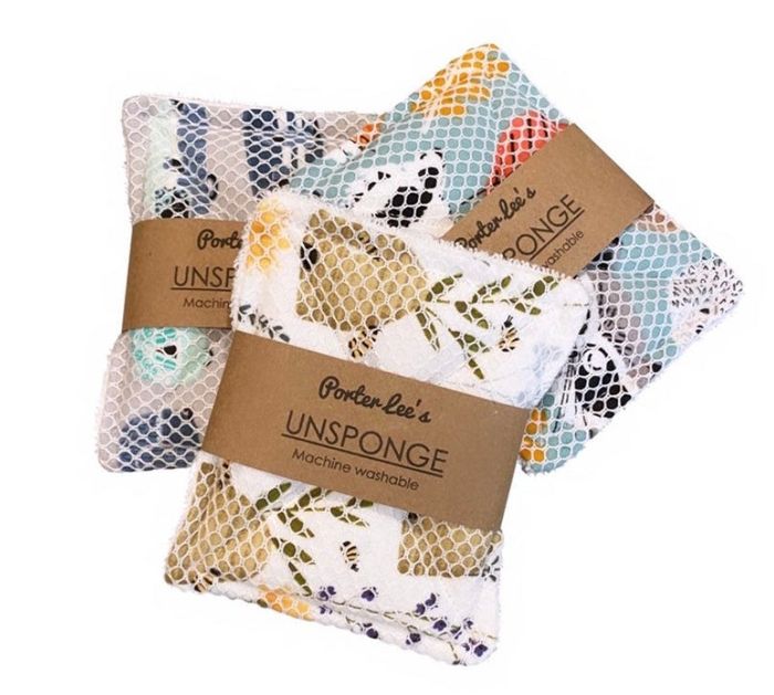 Three reusable sponges featuring a variety of vibrant patterns