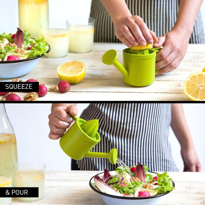 a model squeezing a lemon into the juicer; another model pouring lemon juice over a salad