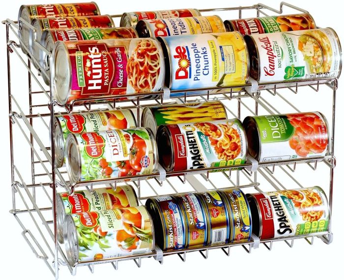 A vertical metal rack with three rows that makes cans roll to the front when one is taken out